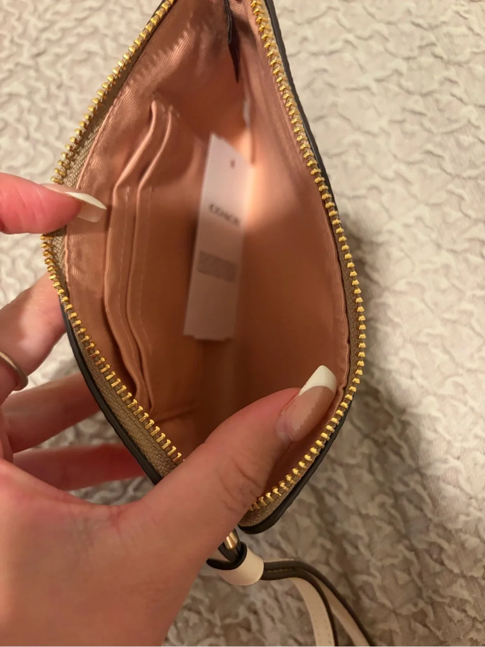 Coach Beige Floral Signature Wristlet with Pink Roses